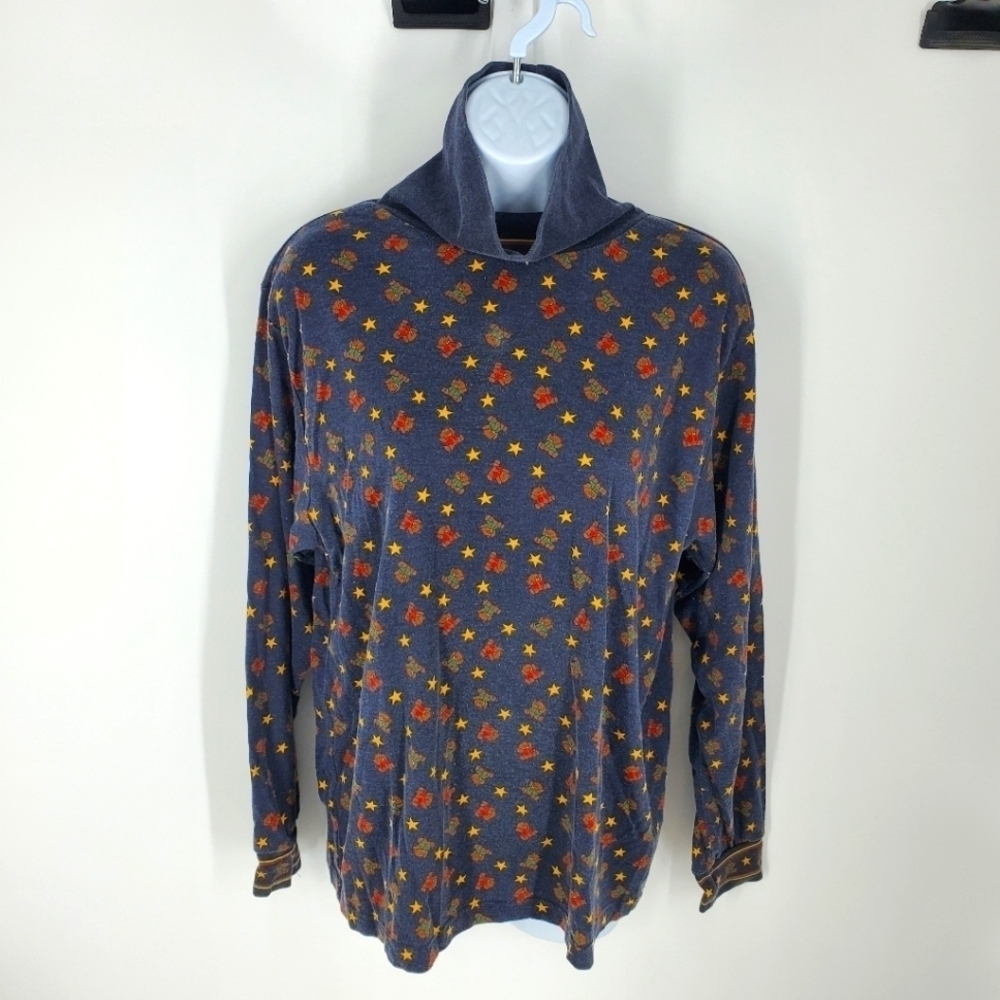 Karen Scott Cotton Rich Turtleneck Women Size Large Teddy Bears Blue Vintage